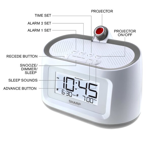 SHARP White Projection Dual Alarm Clock with Sleep Sounds & Display. - Picture 9 of 11